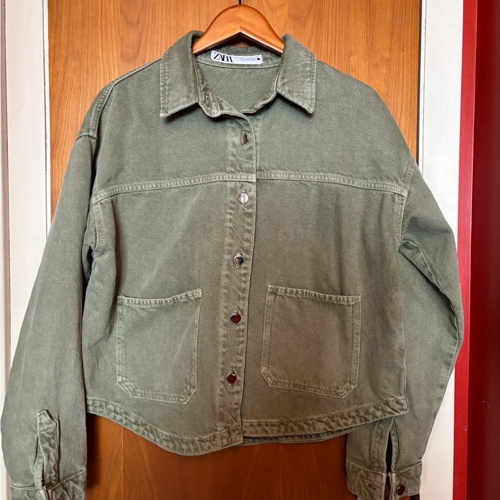 Zara Olive Utility Denim Jacket - Green